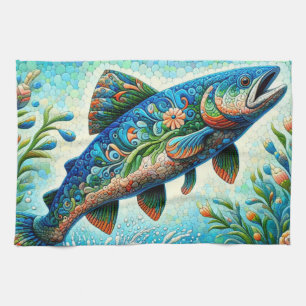 Linge De Cuisine Saumon Saut Mosaïque Floral Blue Green Peach