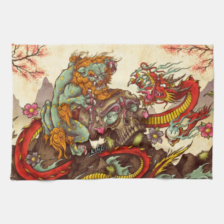 Linge De Cuisine Scène asiatique avec le chien et le dragon de foo