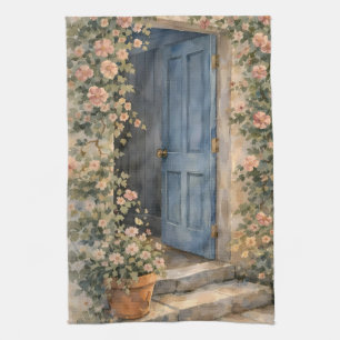 Linge De Cuisine Scène de chemin fleuri à la porte bleue du jardin 