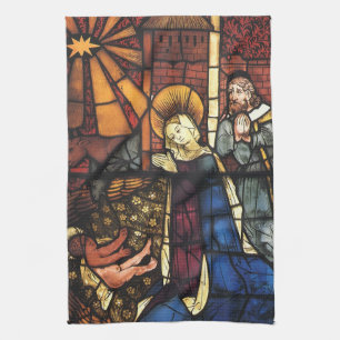 Linge De Cuisine Scène de la Nativité de Noël vintage en verre tein