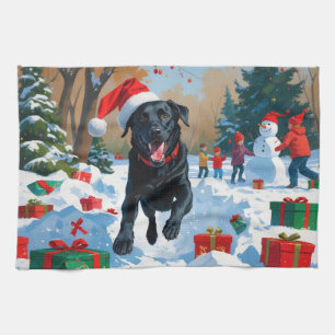 Linge De Cuisine Scène de neige festive de Noël avec Labrador noir 