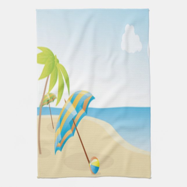 Linge De Cuisine Scène de plage avec le parapluie, les palmiers et (Vertical)
