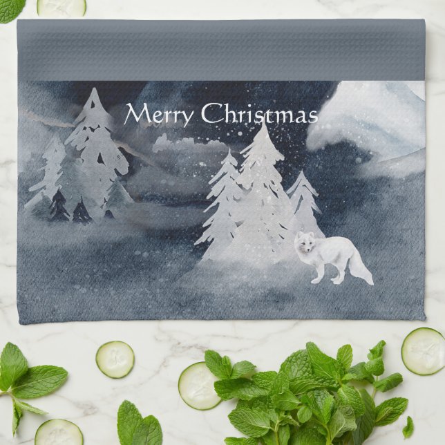 Linge De Cuisine Scène hivernale sombre classique avec Noël renard  (Plié)