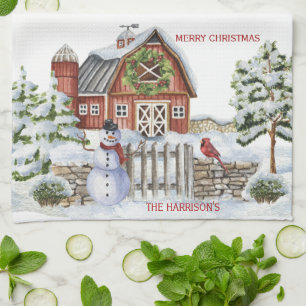 Linge De Cuisine Scène Rustique de Noël Grange Snowman, Neige, Oi