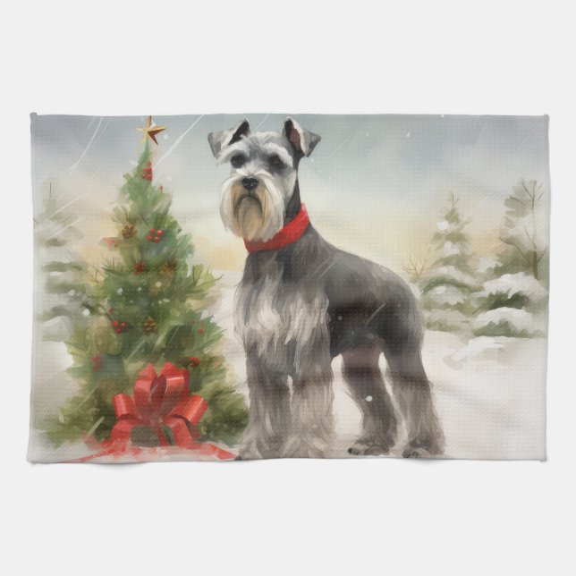 Linge De Cuisine Schnauzer Chien à Noël de neige (Horizontal)