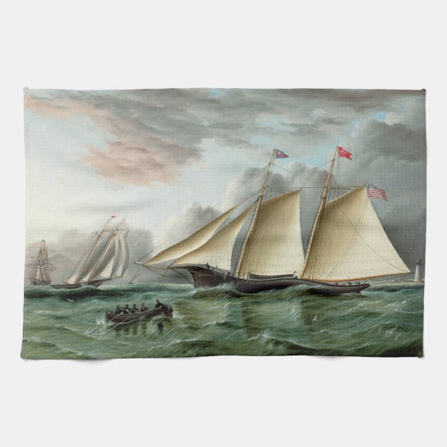 Linge De Cuisine Schooner Mohawk au large du phare de Sandy Hook (Horizontal)