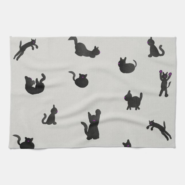 Linge De Cuisine Schwarze Katzen Aquarell Muster (Horizontal)