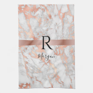 Linge De Cuisine Script Name/Blk Monogram, White & Rose Gold Marble