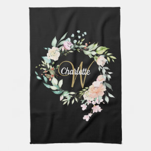 Linge De Cuisine Script Rose Floral Monogramme Or Noir