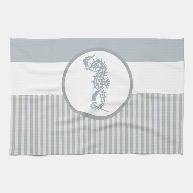 Linge De Cuisine Seahorse Bleu Classique Nautique Élégant (Horizontal)