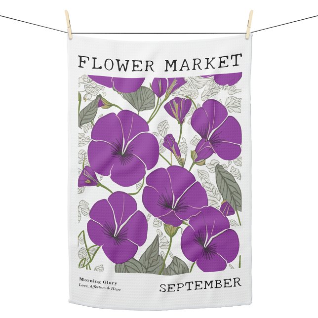 Linge De Cuisine Septembre Fleur de naissance Marché Purple Matin G (Personalized September Birth Flower Market Kitchen Towel, Custom Floral Kitchen Towel, Morning Glory)