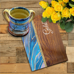 Linge De Cuisine Shabbat Shalom bleu marbre sur effet bois