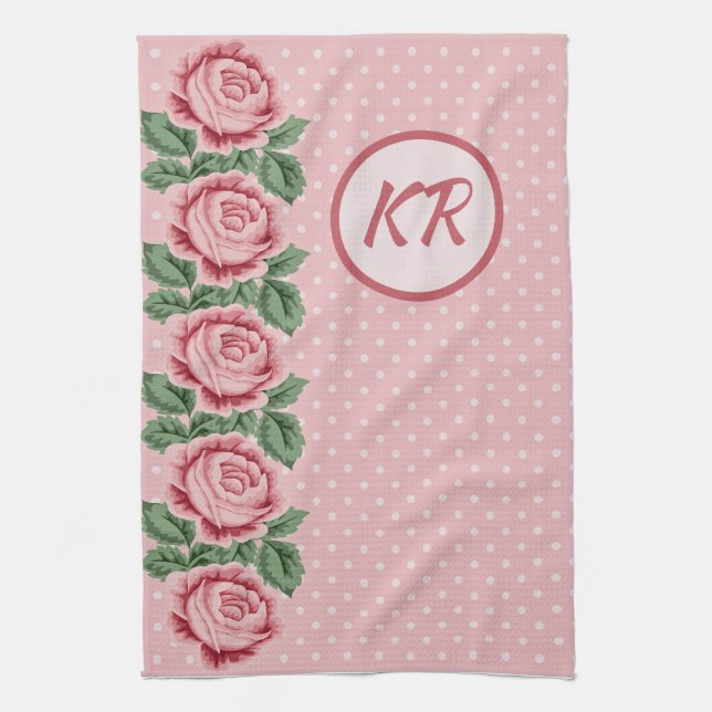 Linge De Cuisine Shabby Chic Rose Rose Polka Point Monogramme (Vertical)