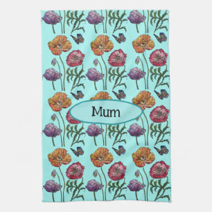 Linge De Cuisine Shabby Poppy Red Purple sur Aqua Nom personnalisab