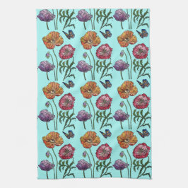 Linge De Cuisine Shabby Poppy Red Purple sur Aqua Turquoise