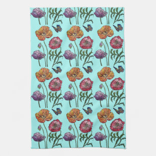 Linge De Cuisine Shabby Poppy Red Purple sur Aqua Turquoise