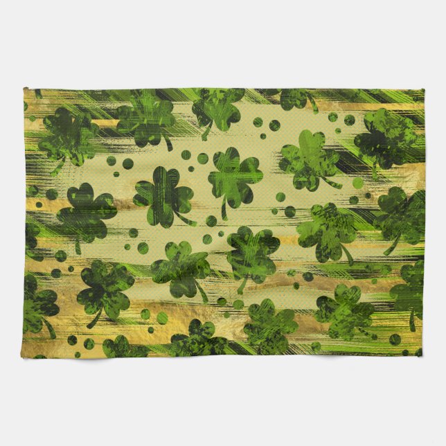 Linge De Cuisine Shamrock irlandais - or peint par trèfle et vert (Horizontal)
