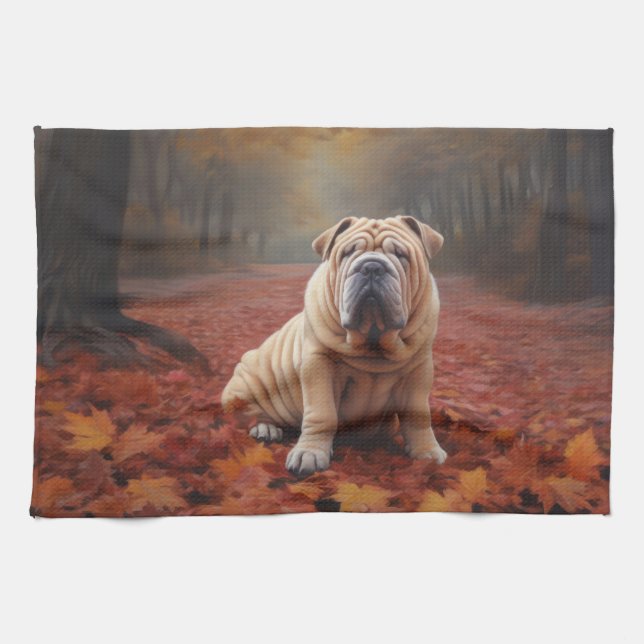 Linge De Cuisine Shar Pei dans l'automne Feuilles automne Inspire (Horizontal)