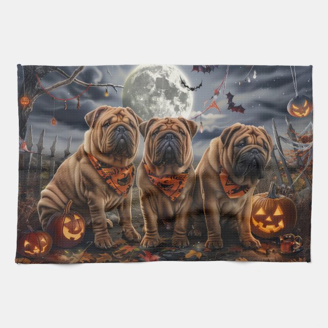 Linge De Cuisine Shar Pei Halloween Éffrayant (Horizontal)