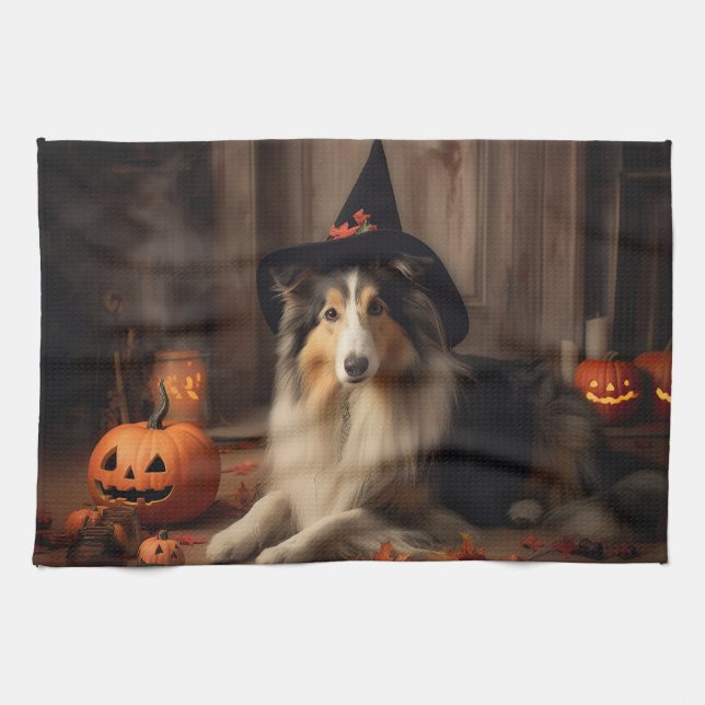 Linge De Cuisine Shetland Sheepdog Citrouille Halloween effrayant (Horizontal)