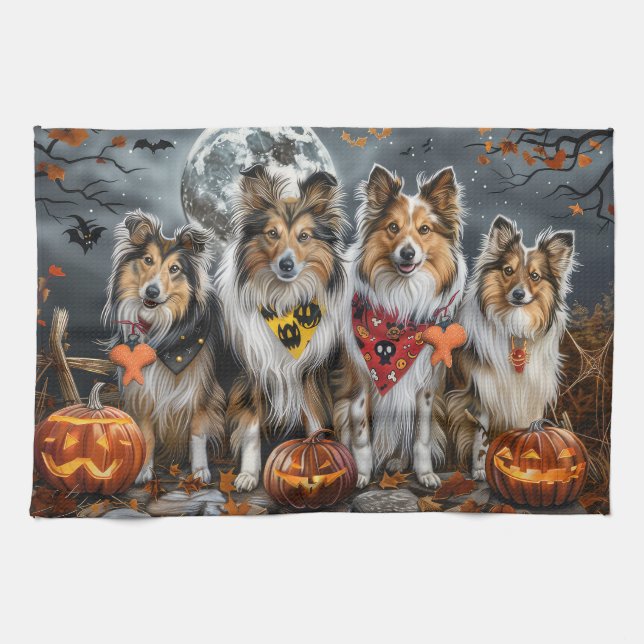 Linge De Cuisine Shetland Sheepdog Halloween Éffrayant (Horizontal)