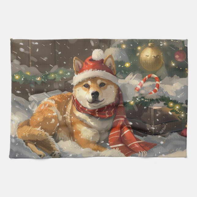Linge De Cuisine Shiba Inu Chien Festive de Noël (Horizontal)