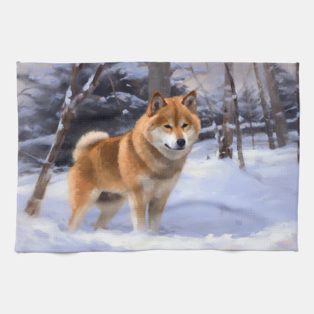 Linge De Cuisine Shiba Inu Laissez Neige Noël (Horizontal)