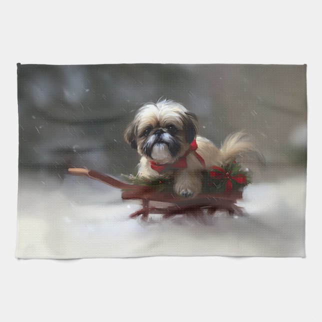 Linge De Cuisine Shih Tzu hiver neige de Noël (Horizontal)