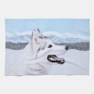 Linge De Cuisine Sibérie Husky (argent et blanc) Peinture Chien Art