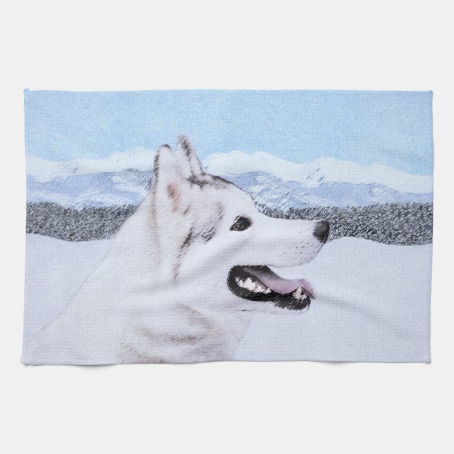 Linge De Cuisine Sibérie Husky (argent et blanc) Peinture Chien Art (Horizontal)