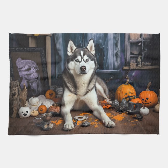Linge De Cuisine Sibérie Husky Citrouille Halloween effrayant (Horizontal)