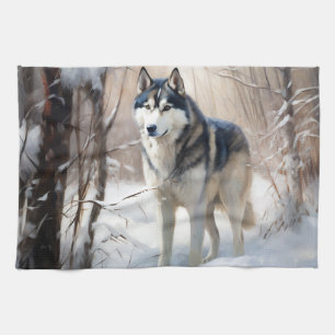 Linge De Cuisine Sibérien Husky Laisser Neige Noël