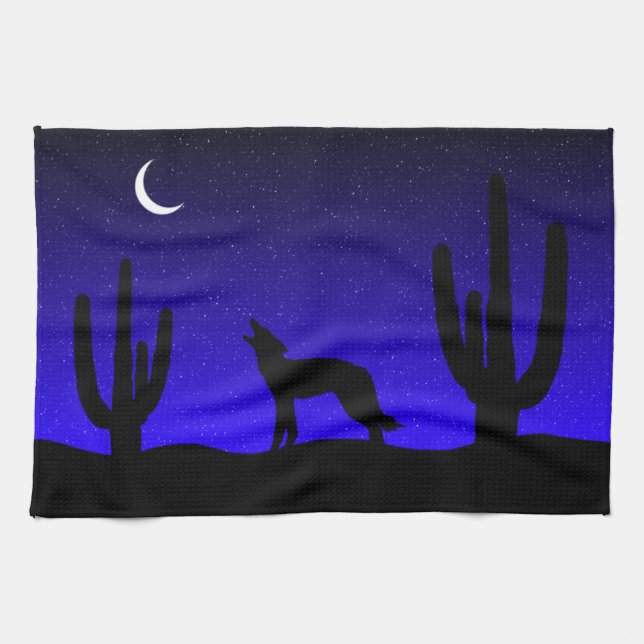 Linge De Cuisine Silhouette de Loup Hurleur dans le Désert la Nuit (Horizontal)