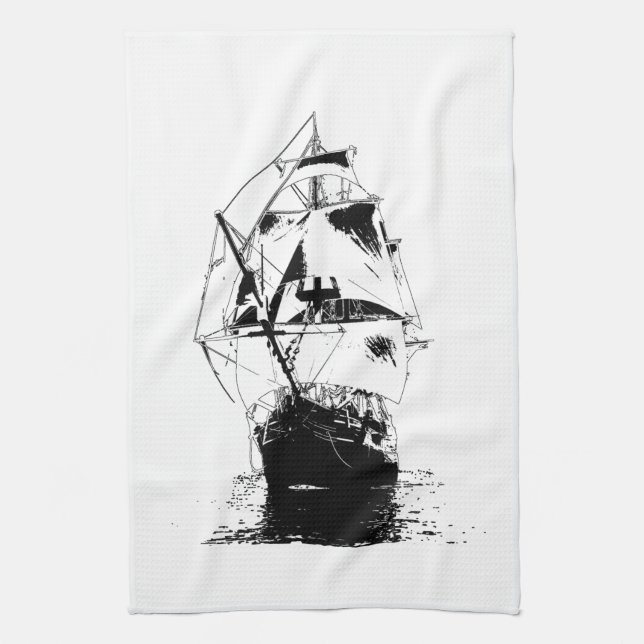 Linge De Cuisine Silhouette noire de bateau (Vertical)