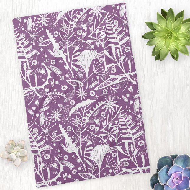 Linge De Cuisine Silhouettes Botanique Floral Violet (Purple botanical floral art kitchen tea towel)