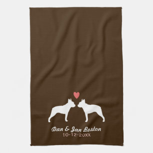 Linge De Cuisine Silhouettes de Boston Terrier avec cœur et texte