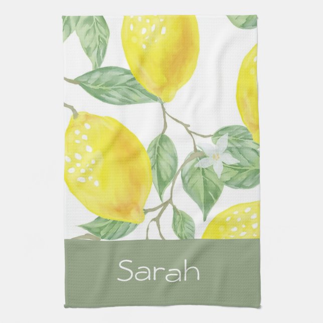 Linge De Cuisine Simple aquarelle Citron Feuille Sage Monogramme (Vertical)
