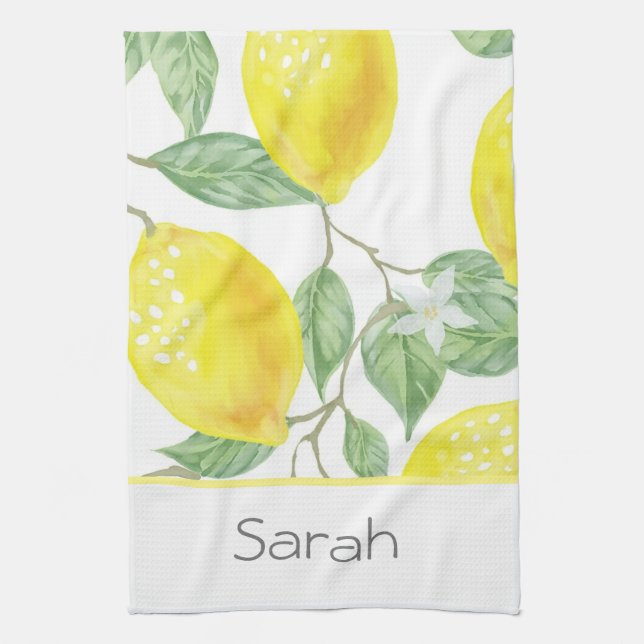 Linge De Cuisine Simple aquarelle citron Feuilles Monogramme (Vertical)