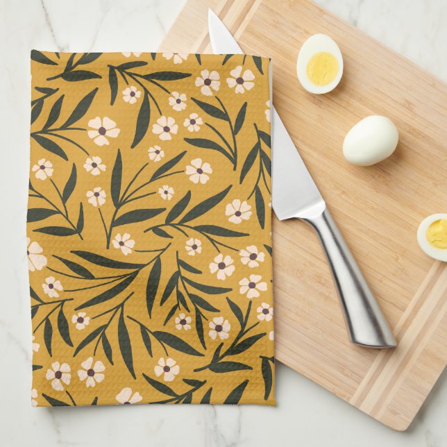 Linge De Cuisine Simple Floral Pattern in Mustard Yellow and Green  (Quart Plié)