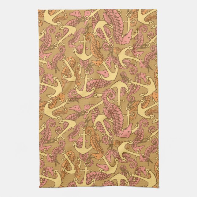 Linge De Cuisine Sketchy Seahorse Et Ancre Motif (Vertical)