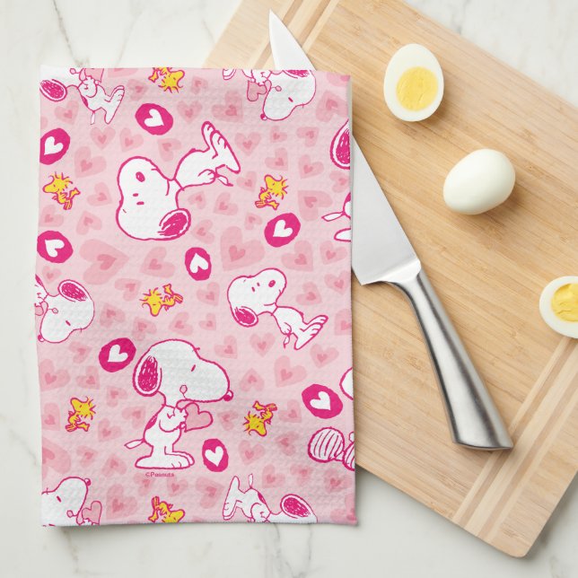 Linge De Cuisine Snoopy & Woodstock Motif Coeurs roses (Quart Plié)