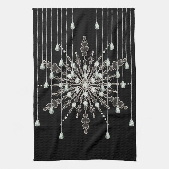 Linge De Cuisine Snowflake élégant bijou look hiver noir gris (Vertical)