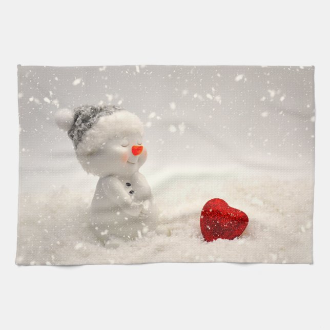Linge De Cuisine Snowman de Noël avec Amour plein de coeur (Horizontal)