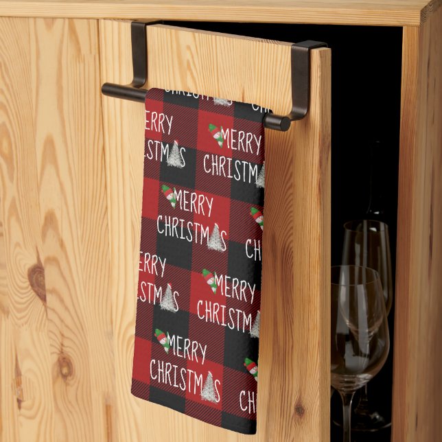 Linge De Cuisine Snowman de Noël et arbre sur Buffalo Plaid (Pliage en tiers)