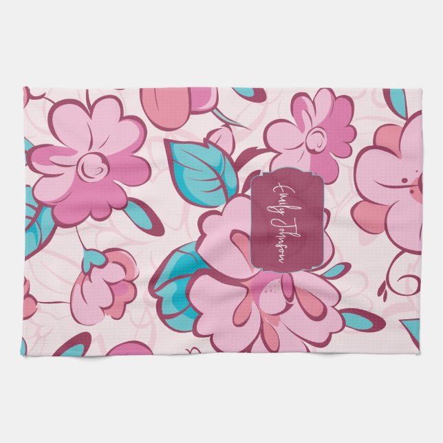 Linge De Cuisine Soft Pink Bloom Floral Pattern Custom Name (Horizontal)