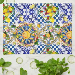 Linge De Cuisine soleil sicilien, citron, carreaux méditerranéens,