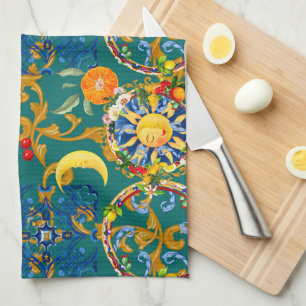 Linge De Cuisine soleil sicilien, demi lune, été, majolica, citron