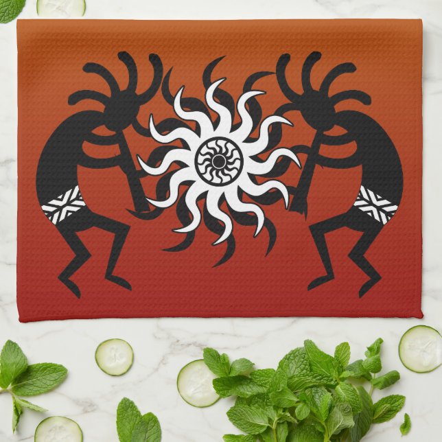 Linge De Cuisine Soleil Tribal Orange Noir Blanc Kokopelli Sud-Oues (Plié)