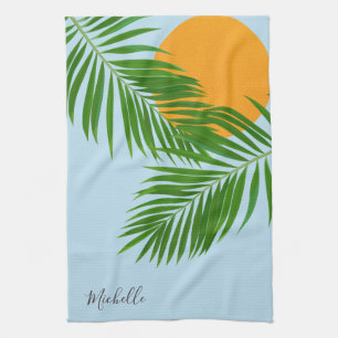 Linge De Cuisine Soleil Tropical Rétro Palmes Feuilles Bleu Nom Min