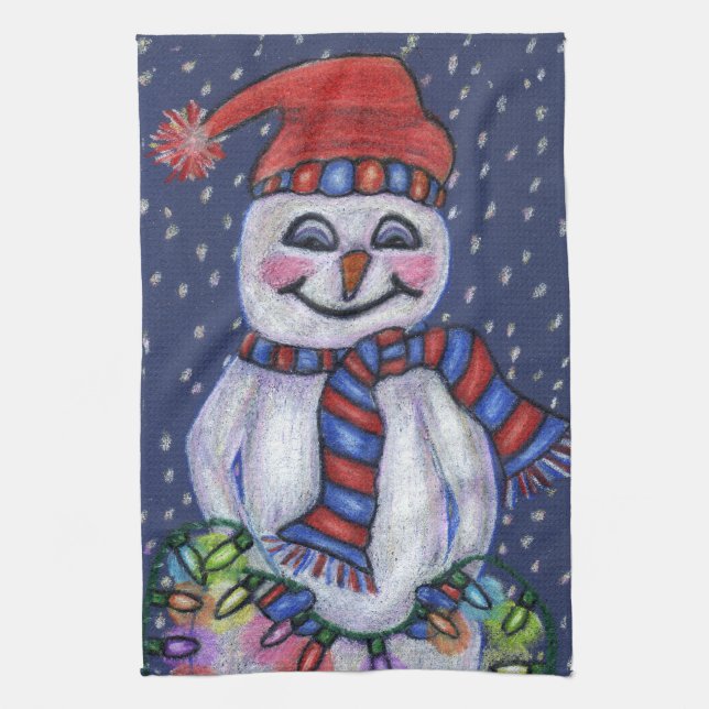 Linge De Cuisine Souriant Snowman Casquette Écarf Neige Lumières de (Vertical)